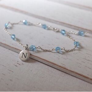 Sterling Silver Bracelet with Blue Swarovski crystal Beads and Initial Charm